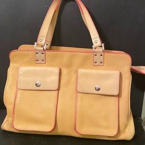 Lambertson Truex Yellow Peach Leather Tote Large Bag Front Pockets Italy